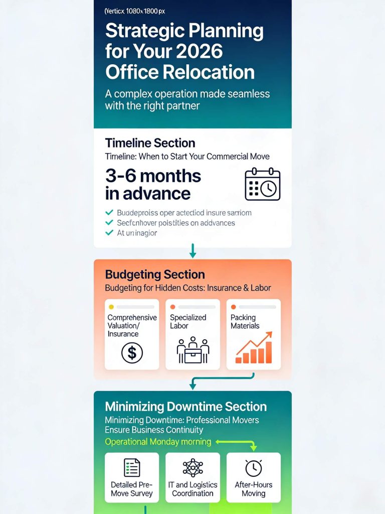 Vertical infographic titled “Strategic Planning for Your 2026 Office Relocation” with sections on move timeline, hidden costs for insurance and labor, and methods professional movers use to minimize business downtime.