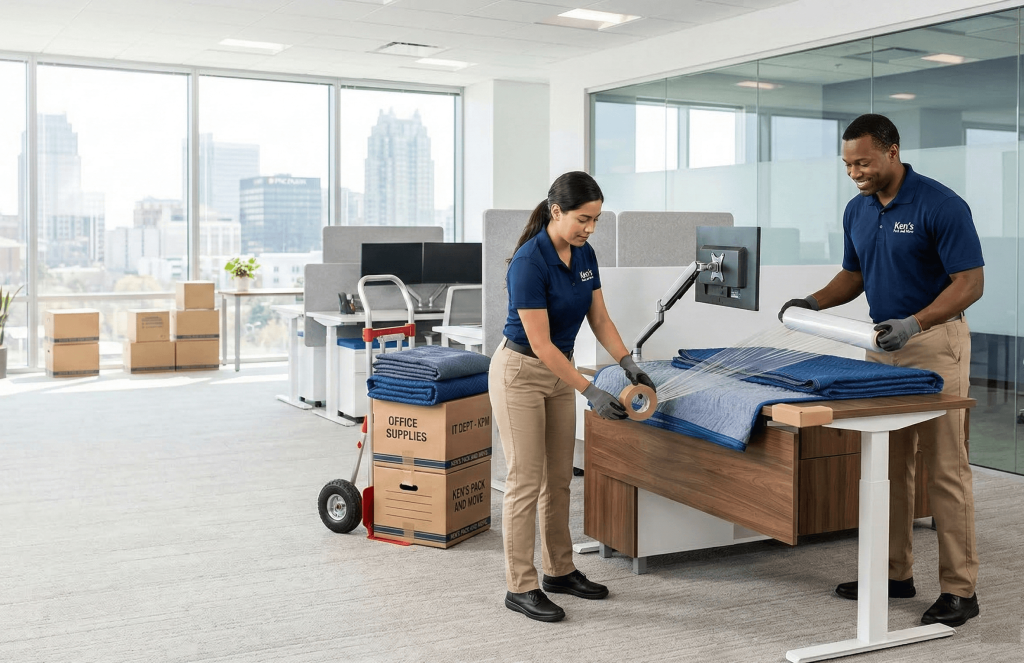 Two professional movers in navy blue uniforms are packing up a modern office. A man is wrapping a desk with stretch plastic film while a woman prepares a roll of tape nearby. They are handling furniture, boxes, and a dolly in a high-rise office building with a view of the downtown Raleigh skyline.