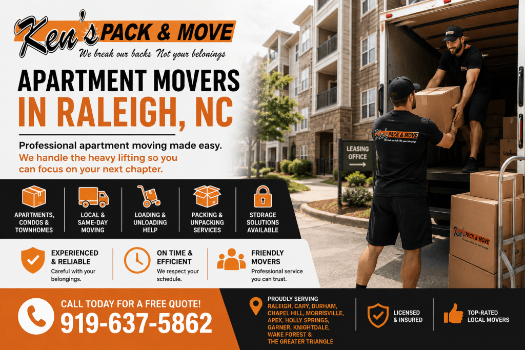 Apartment movers in Raleigh NC carrying boxes for Ken’s Pack & Move