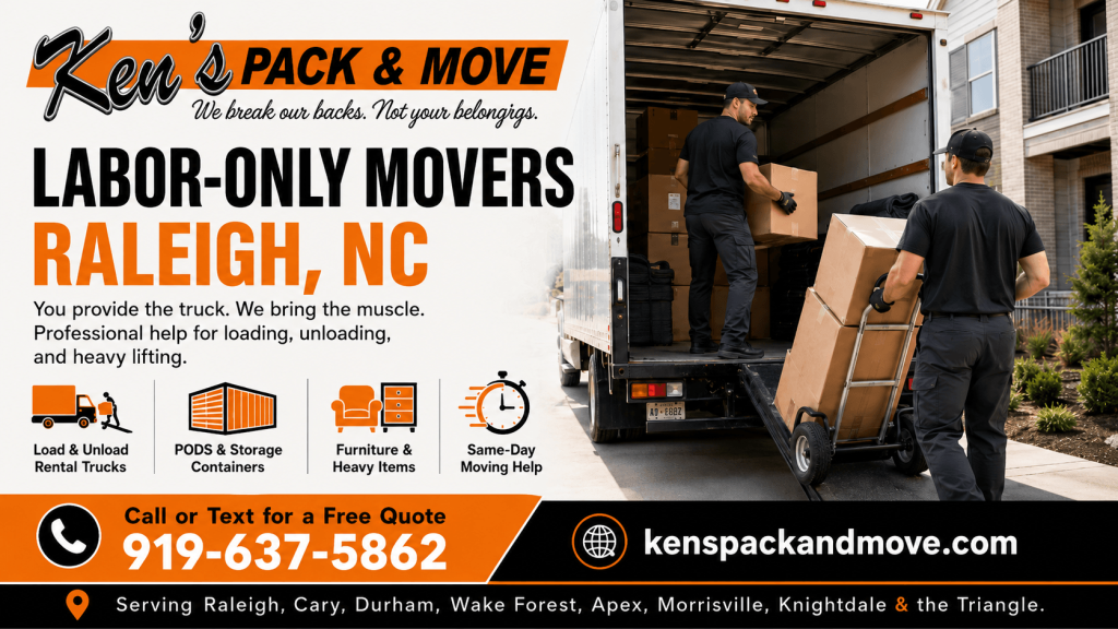 Labor-only movers in Raleigh NC loading a moving truck for Ken’s Pack & Move