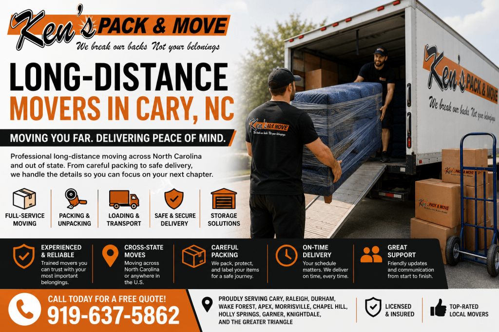 Long-distance movers in Cary NC loading a moving truck for Ken’s Pack & Move