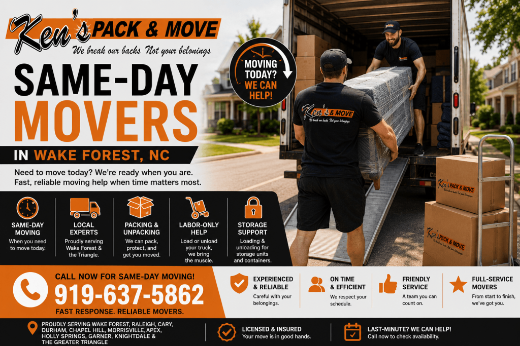 Same-day movers in Wake Forest NC loading boxes for Ken’s Pack & Move