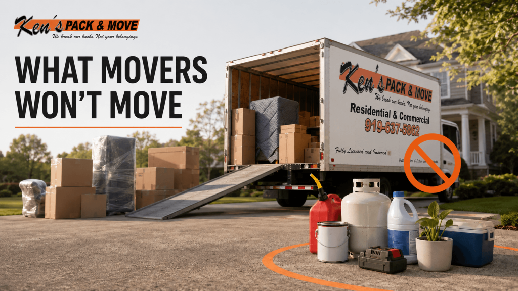 Ken’s Pack & Move truck outside a home with restricted moving items set aside