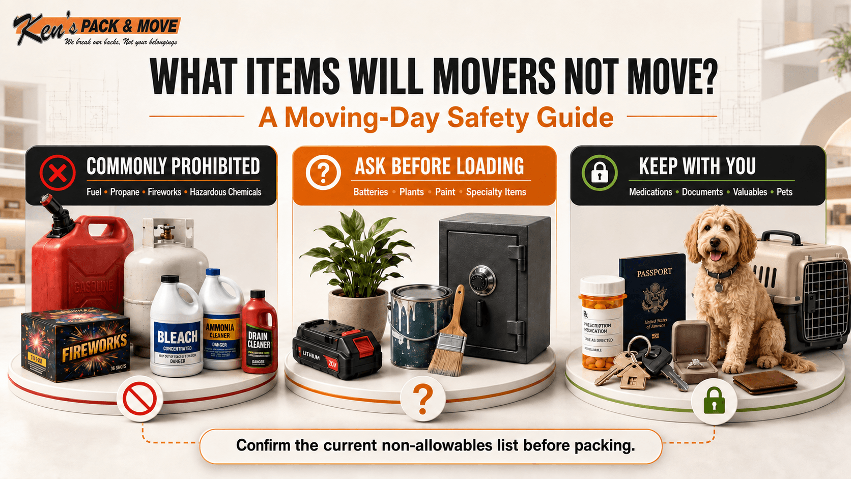 What items will movers not move infographic showing prohibited items, ask-first items, and belongings to keep with you