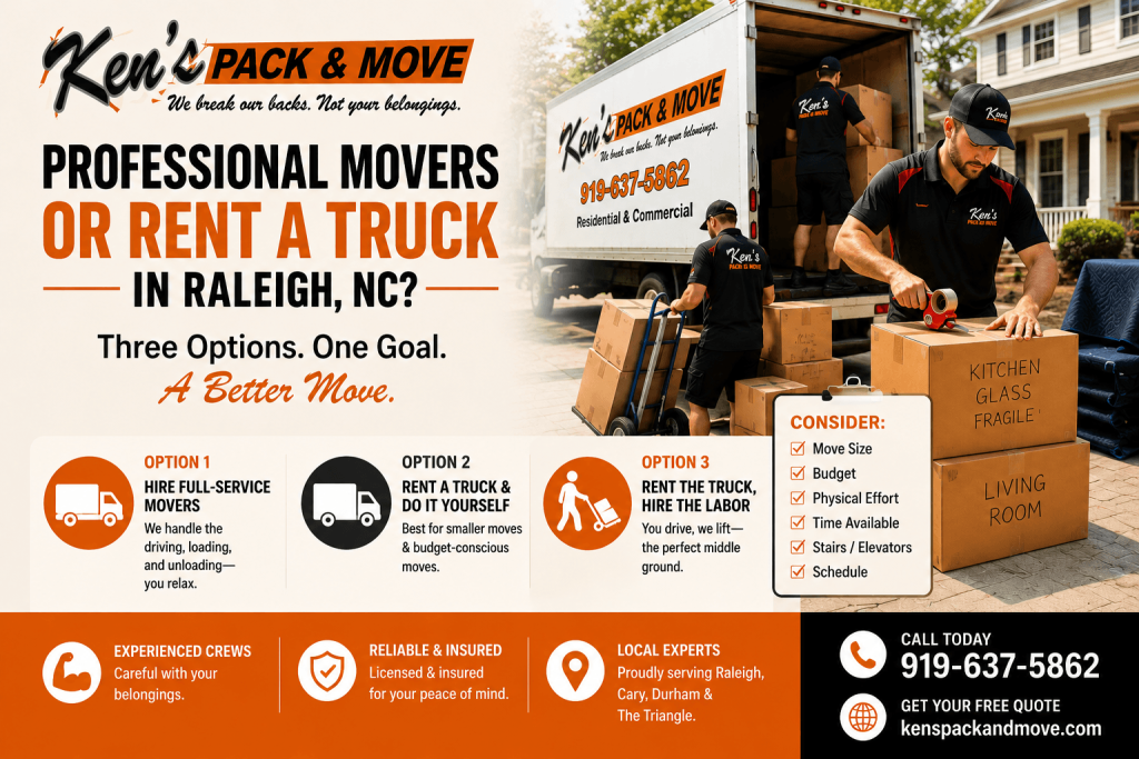 Ken’s Pack & Move graphic comparing full-service movers, a DIY rental truck, and renting a truck with professional moving labor in Raleigh NC. hire movers or rent a truck Raleigh NC