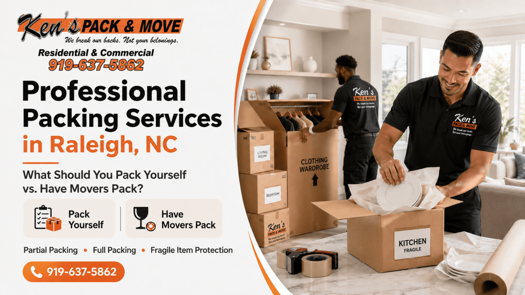 Ken’s Pack & Move professional packing services in Raleigh NC with movers carefully packing kitchen dishes and fragile household items for a move.