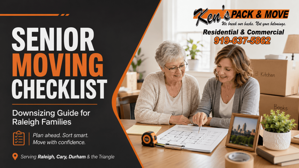 Older adult and family preparing labeled moving boxes for a downsizing move in Raleigh NC. senior moving checklist