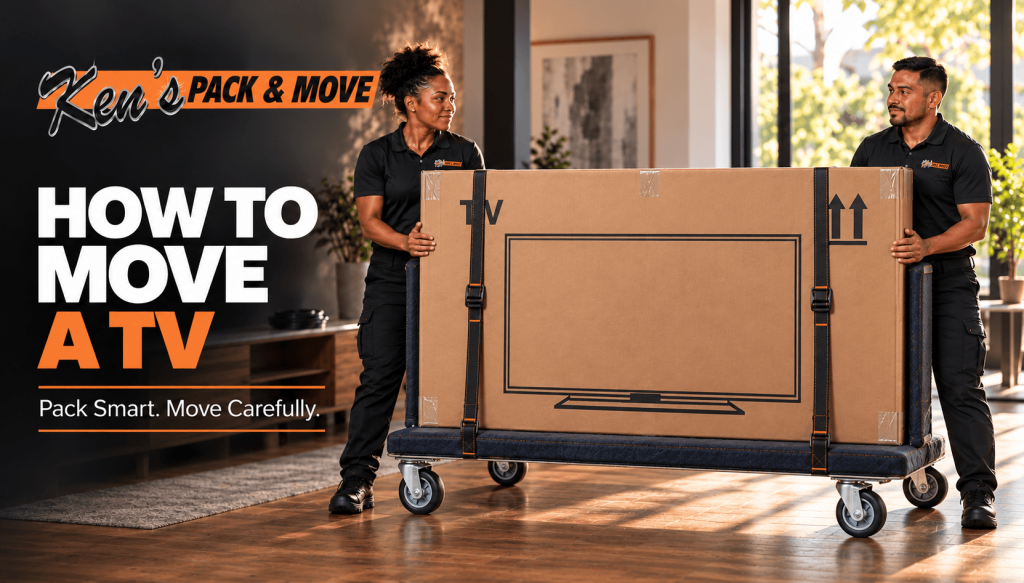 How to move a TV banner showing two Ken’s Pack & Move movers steadying a boxed television upright on a padded four-wheel cart.