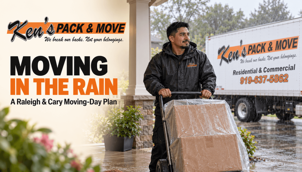 Ken’s Pack & Move mover with rain-protected boxes on a hand truck beside a branded moving truck.