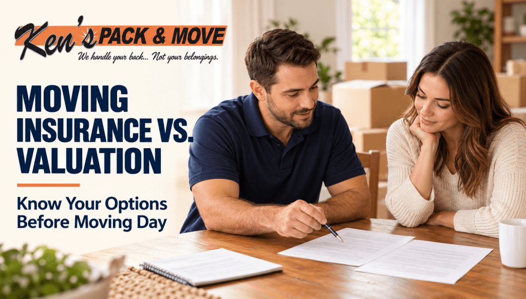 Moving insurance vs valuation infographic comparing mover liability and separate insurance, NC and interstate rules, and five questions before signing.