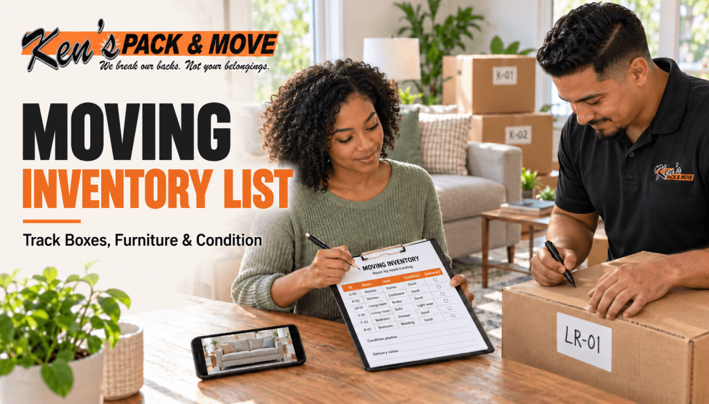 Homeowner reviews a moving inventory checklist while a Ken’s Pack & Move mover labels a box beside a furniture condition photo.