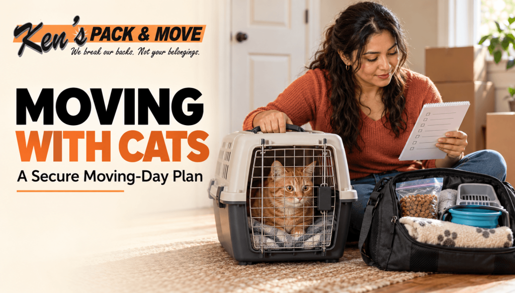 Moving with cats banner showing a woman beside an orange tabby in a closed carrier with moving-day supplies.