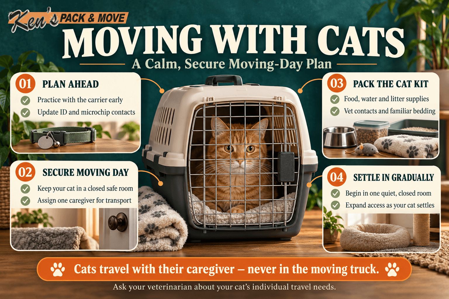 Moving with cats infographic showing carrier preparation, moving-day security, travel supplies, and settling into a new home.