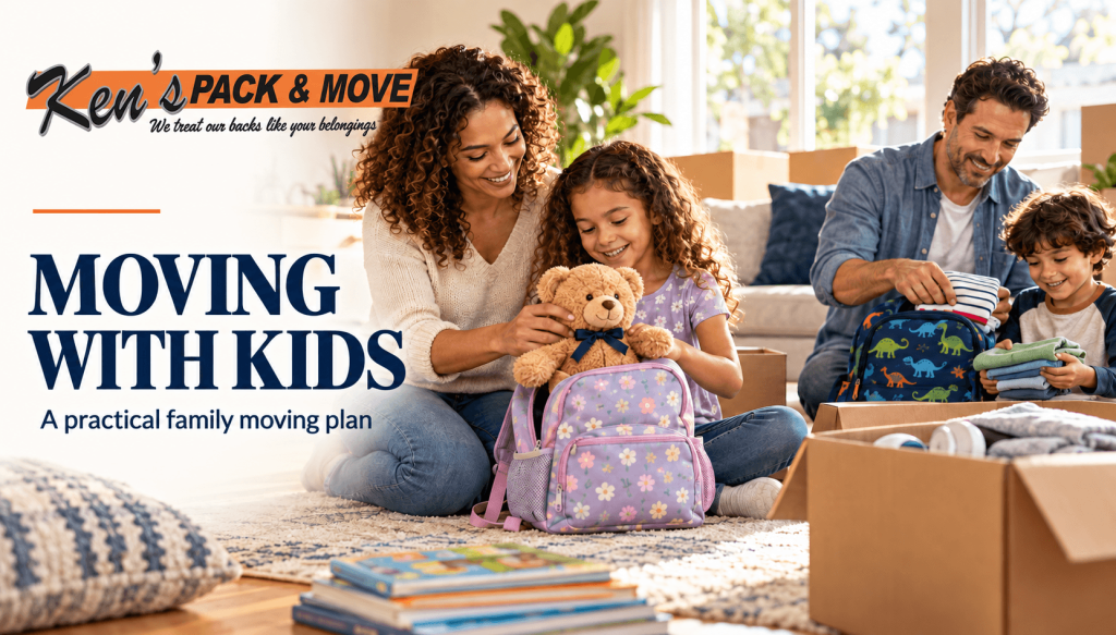 Parents helping two children pack backpacks and a favorite teddy bear beside moving boxes, with Ken’s Pack & Move branding.