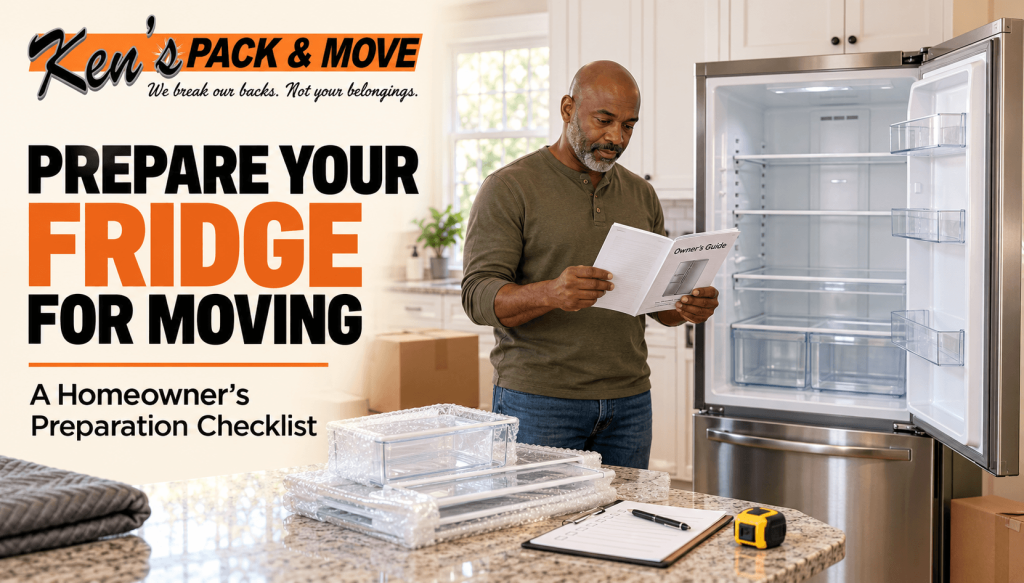 Homeowner reviews an owner’s guide to prepare a refrigerator for moving beside an empty fridge and wrapped shelves.