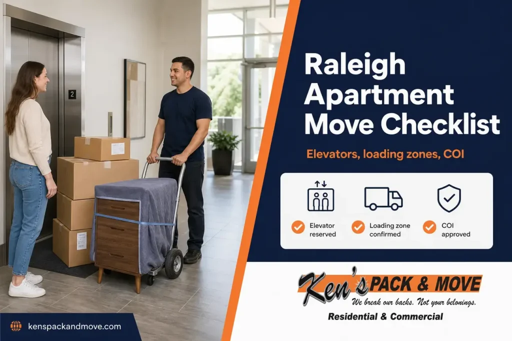Mover and resident reviewing an apartment move checklist near a Raleigh apartment elevator with boxes and a dolly.