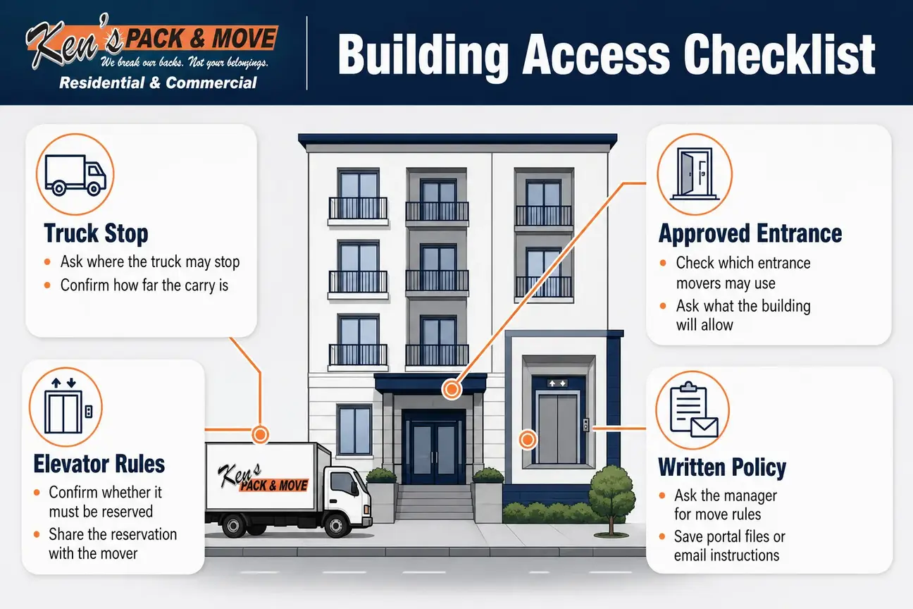 Infographic showing apartment building access items including truck stop, entrance, elevator rules, and written policy.