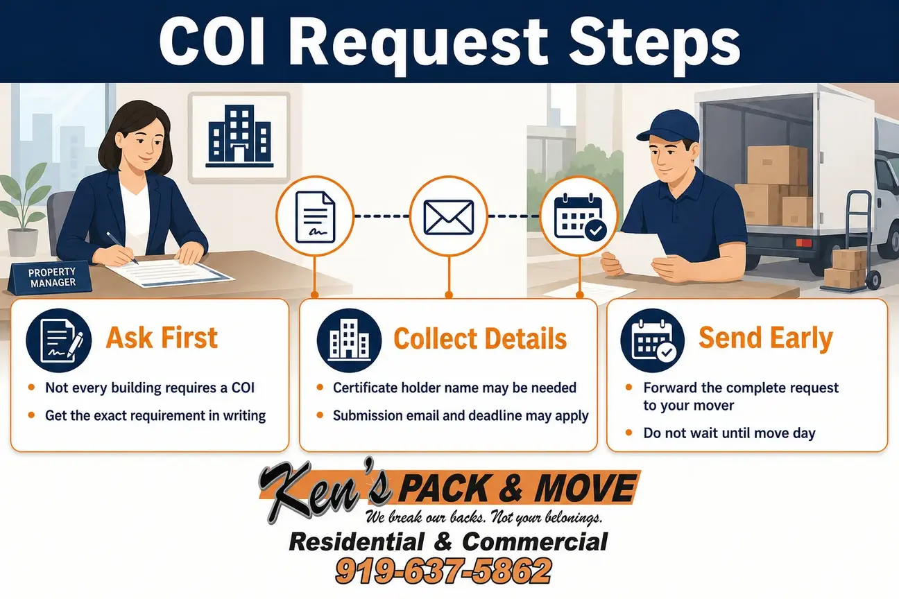 COI infographic showing what apartment buildings may request before allowing movers on the property.