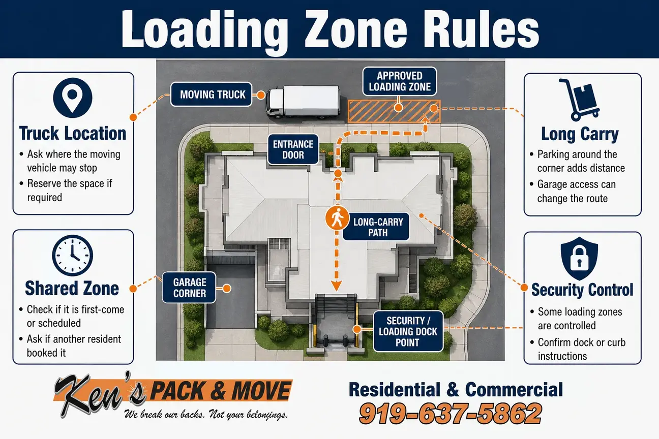 Overhead infographic of Raleigh apartment loading zone rules with truck parking, shared access, and long-carry path.