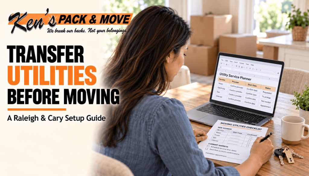 Homeowner plans to transfer utilities before moving using a laptop service planner and a printed checklist for both addresses.